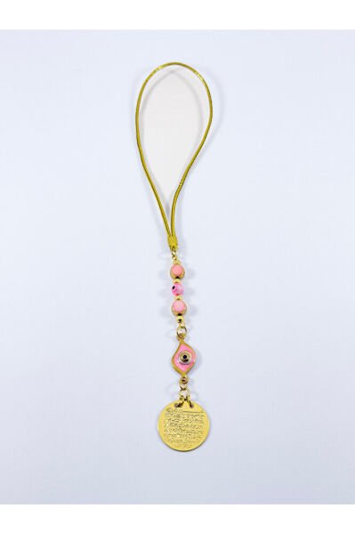 Pembe Metal Göz Nazar Boncuğu Metal Ayetel Kürsi Altın Renkli Araba Dikiz Ayna Süsü