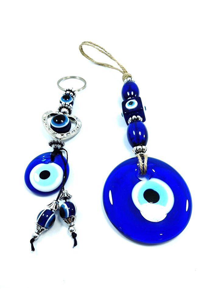 Nazar Boncuğu Duvar Dekoru Kalpli Anahtarlık Cam El Yapımı Dekoratif Hediyelik Set