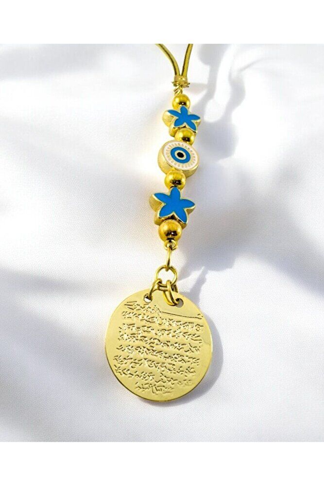 Blue Lotus Flower Evil Eye Bead Metal Ayetel Kursi Gold Color Car Rearview Mirror Ornament