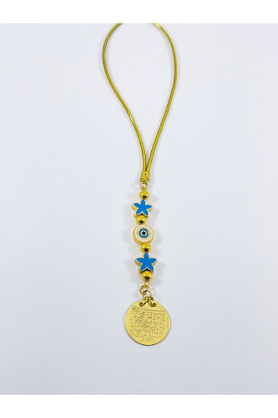 Mavi Lotus Çiçeği Nazar Boncuğu Metal Ayetel Kürsi Altın Renkli Araba Dikiz Ayna Süsü