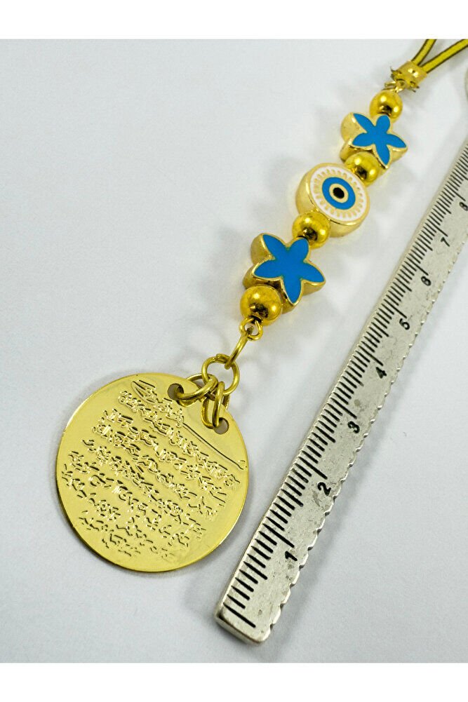 Blue Lotus Flower Evil Eye Bead Metal Ayetel Kursi Gold Color Car Rearview Mirror Ornament
