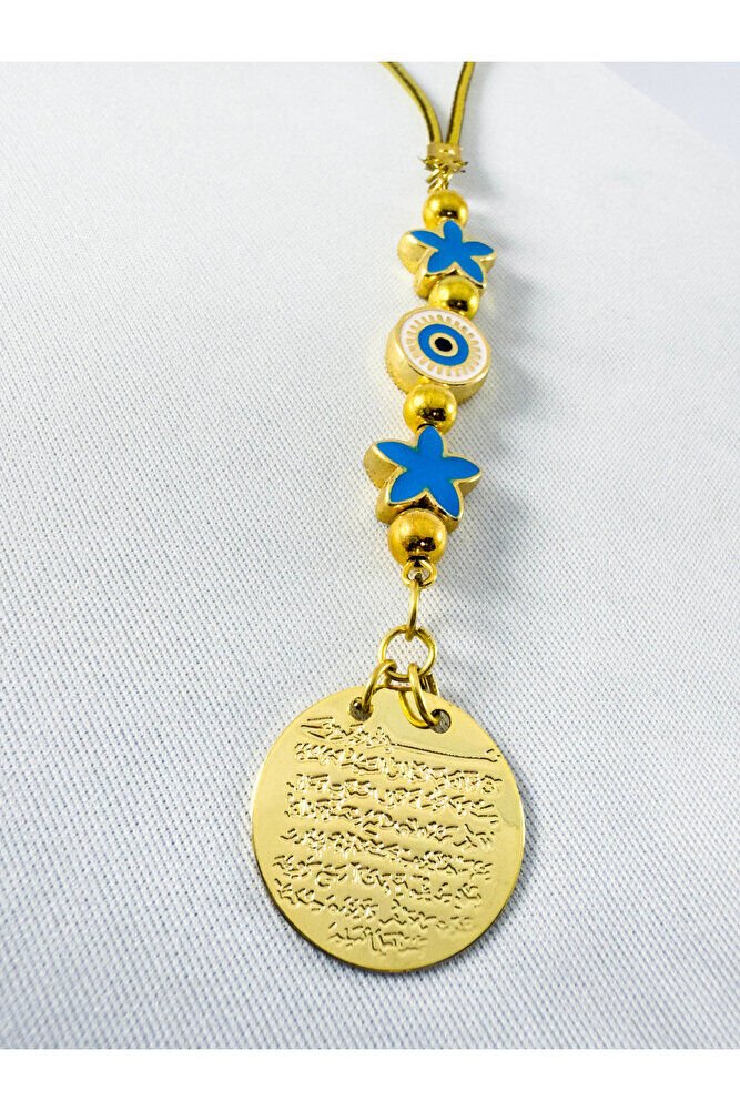 Blue Lotus Flower Evil Eye Bead Metal Ayetel Kursi Gold Color Car Rearview Mirror Ornament