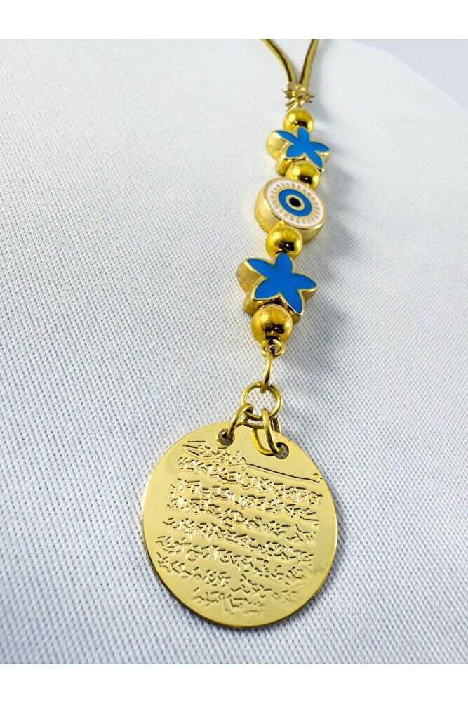 Blue Lotus Flower Evil Eye Bead Metal Ayetel Kursi Gold Color Car Rearview Mirror Ornament