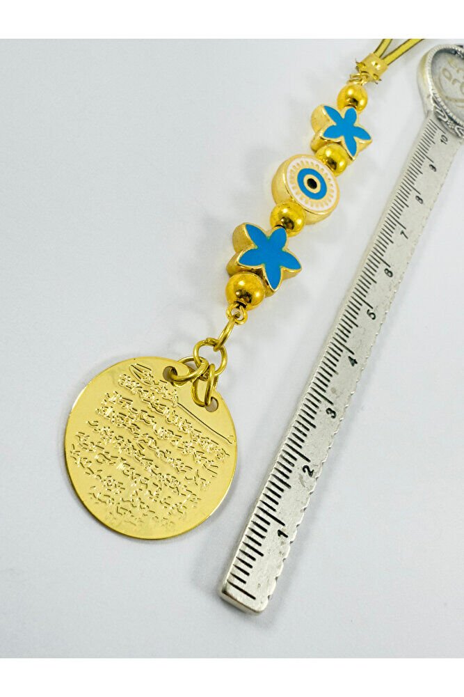 Blue Lotus Flower Evil Eye Bead Metal Ayetel Kursi Gold Color Car Rearview Mirror Ornament