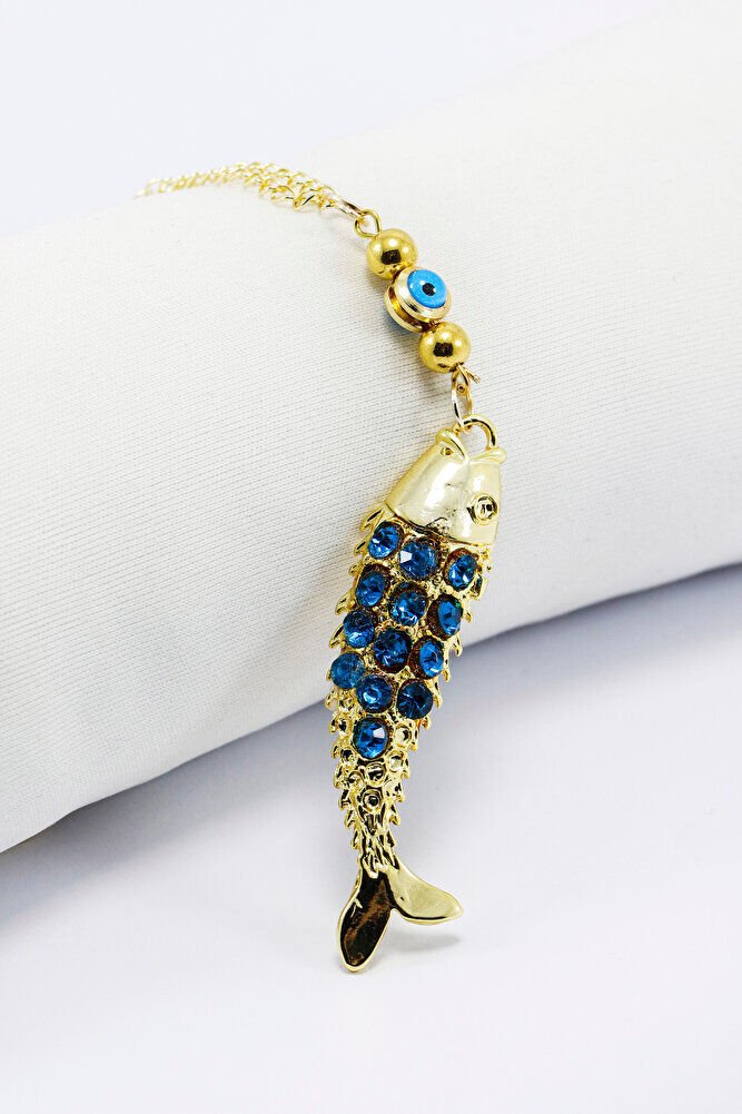 Turkuaz Parlak Taşlı Balık Cam Nazar Boncuğu Araba Dikiz Ayna Süsü, Gold Renkli Lüks Araç Süsü