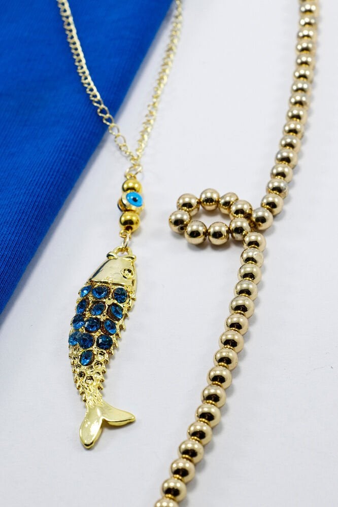 Turkuaz Parlak Taşlı Balık Cam Nazar Boncuğu Araba Dikiz Ayna Süsü, Gold Renkli Lüks Araç Süsü