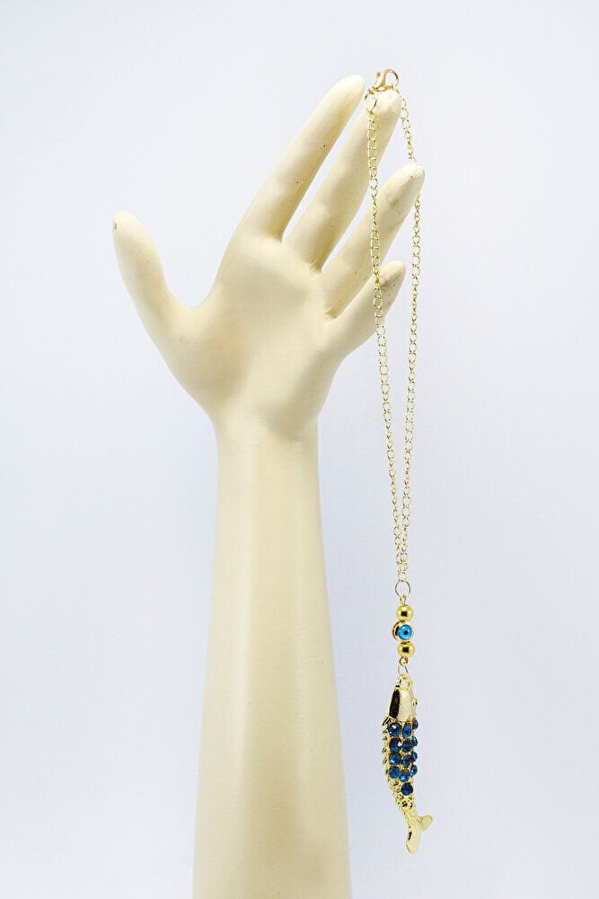 Turkuaz Parlak Taşlı Balık Cam Nazar Boncuğu Araba Dikiz Ayna Süsü, Gold Renkli Lüks Araç Süsü