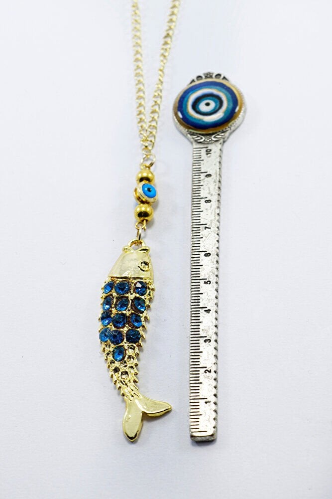 Turkuaz Parlak Taşlı Balık Cam Nazar Boncuğu Araba Dikiz Ayna Süsü, Gold Renkli Lüks Araç Süsü