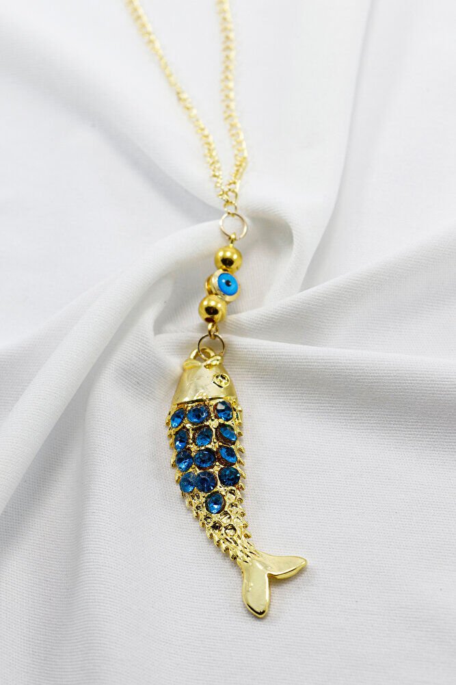 Turkuaz Parlak Taşlı Balık Cam Nazar Boncuğu Araba Dikiz Ayna Süsü, Gold Renkli Lüks Araç Süsü