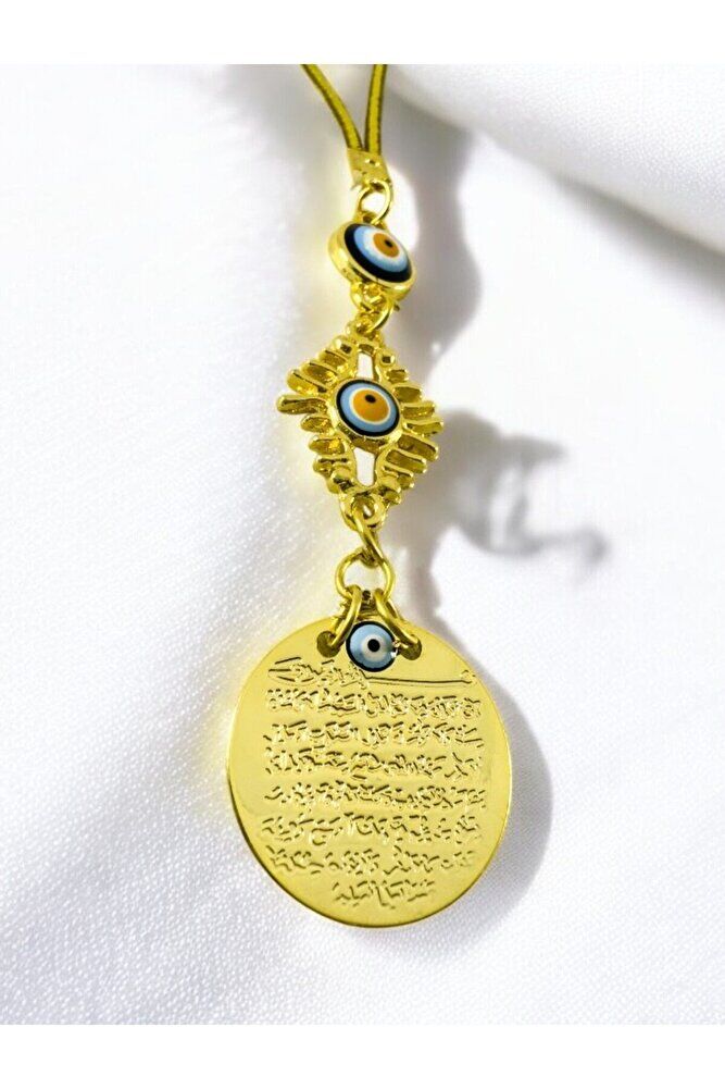 Metal Kirpikli Göz Nazar Boncuğu Metal Ayetel Kürsi Altın Renkli Araba Dikiz Ayna Süsü