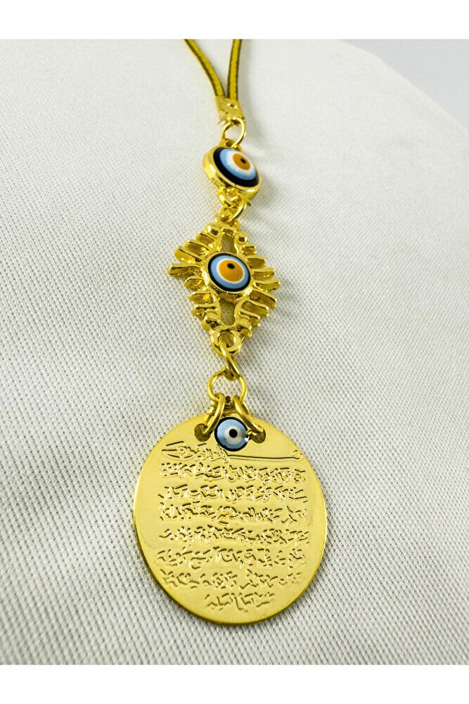 Metal Kirpikli Göz Nazar Boncuğu Metal Ayetel Kürsi Altın Renkli Araba Dikiz Ayna Süsü