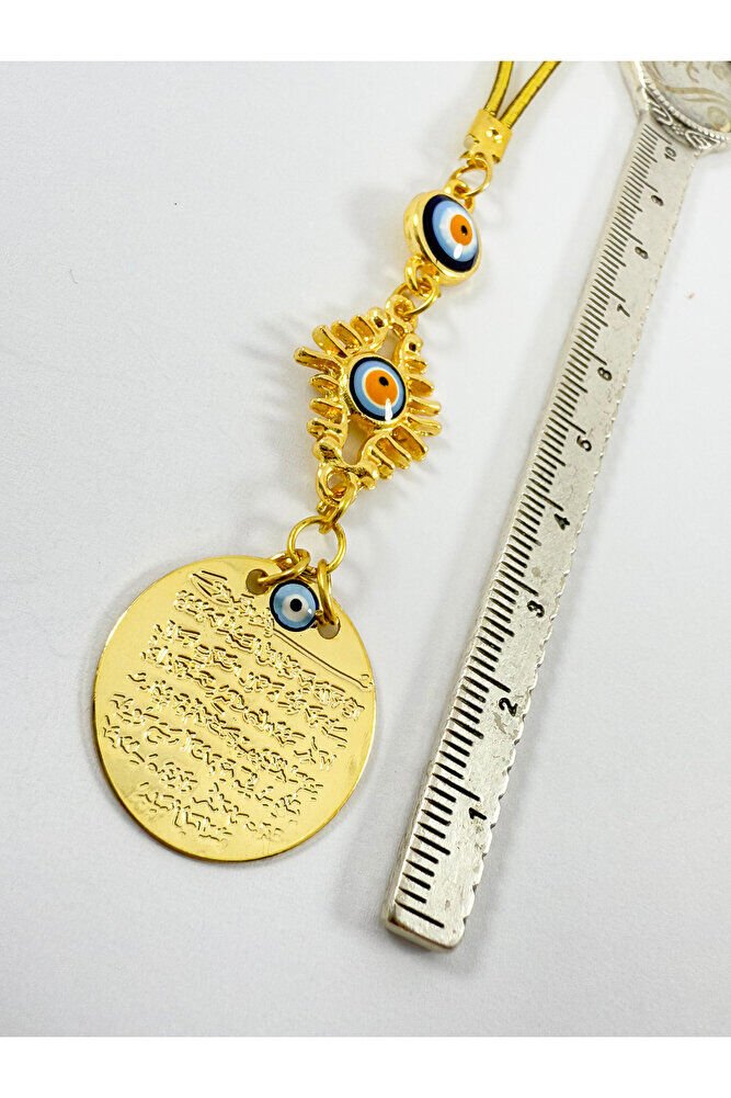 Metal Kirpikli Göz Nazar Boncuğu Metal Ayetel Kürsi Altın Renkli Araba Dikiz Ayna Süsü