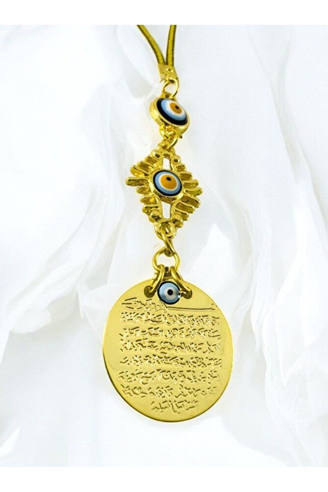Metal Kirpikli Göz Nazar Boncuğu Metal Ayetel Kürsi Altın Renkli Araba Dikiz Ayna Süsü