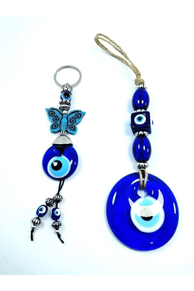 Nazar Boncuğu Duvar Dekoru Kelebekli Anahtarlık Cam El Yapımı Dekoratif Hediyelik Set