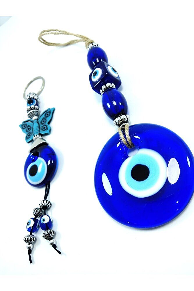 Nazar Boncuğu Duvar Dekoru Kelebekli Anahtarlık Cam El Yapımı Dekoratif Hediyelik Set