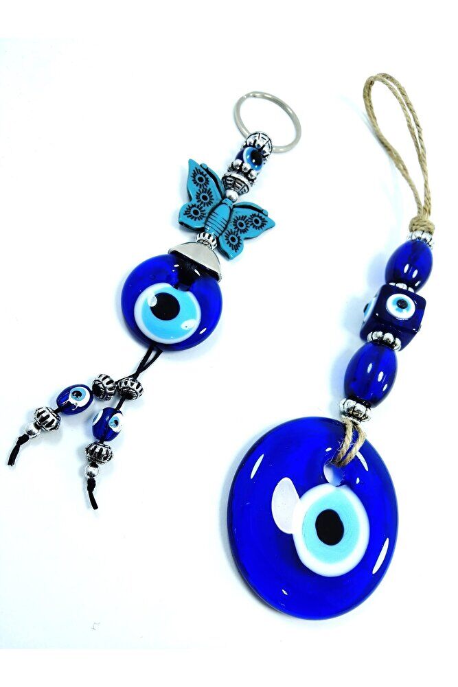 Nazar Boncuğu Duvar Dekoru Kelebekli Anahtarlık Cam El Yapımı Dekoratif Hediyelik Set