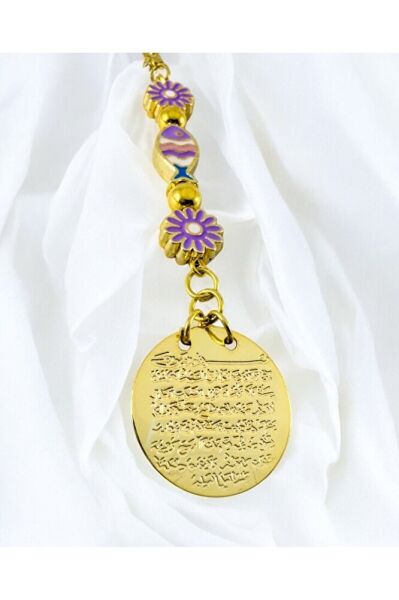 Lila Pembe Balık Lila Çiçek Nazar Boncuğu Metal Ayetel Kürsi Altın Renkli Araba Dikiz Ayna Süsü