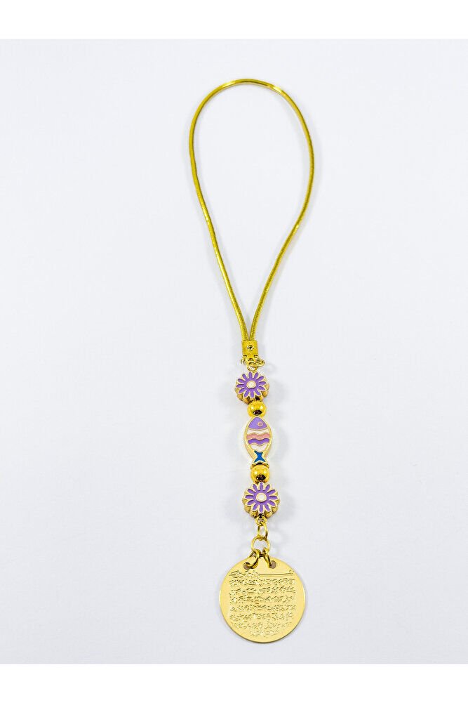 Lila Pembe Balık Lila Çiçek Nazar Boncuğu Metal Ayetel Kürsi Altın Renkli Araba Dikiz Ayna Süsü