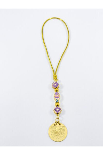 Lila Pembe Balık Lila Çiçek Nazar Boncuğu Metal Ayetel Kürsi Altın Renkli Araba Dikiz Ayna Süsü