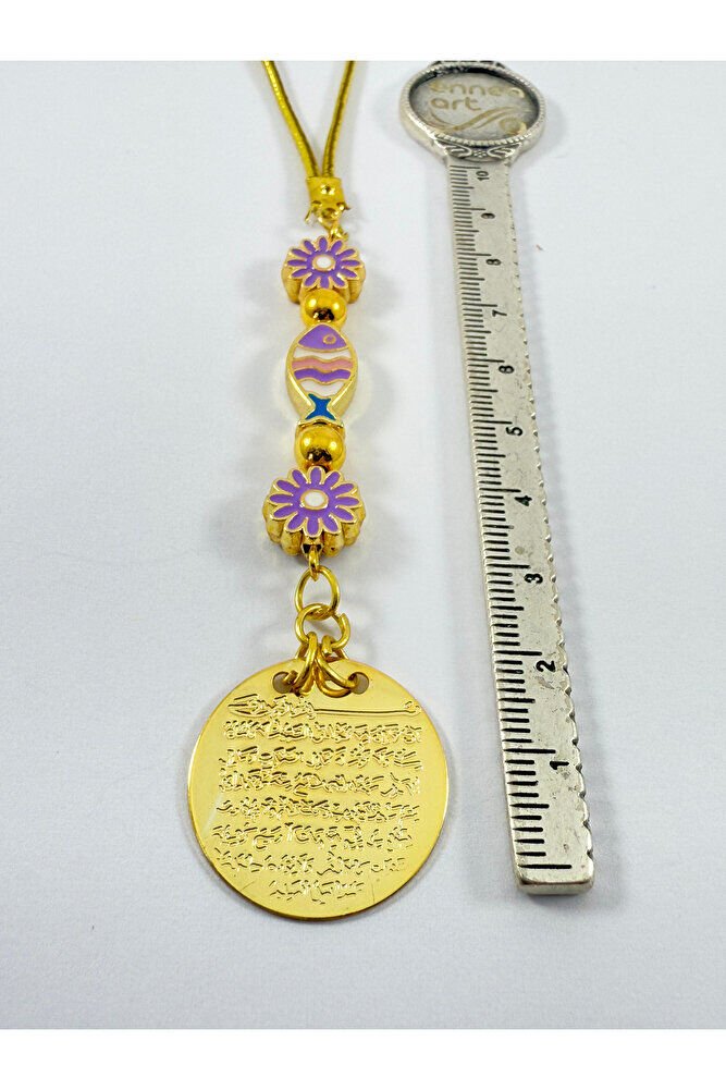 Lila Pembe Balık Lila Çiçek Nazar Boncuğu Metal Ayetel Kürsi Altın Renkli Araba Dikiz Ayna Süsü