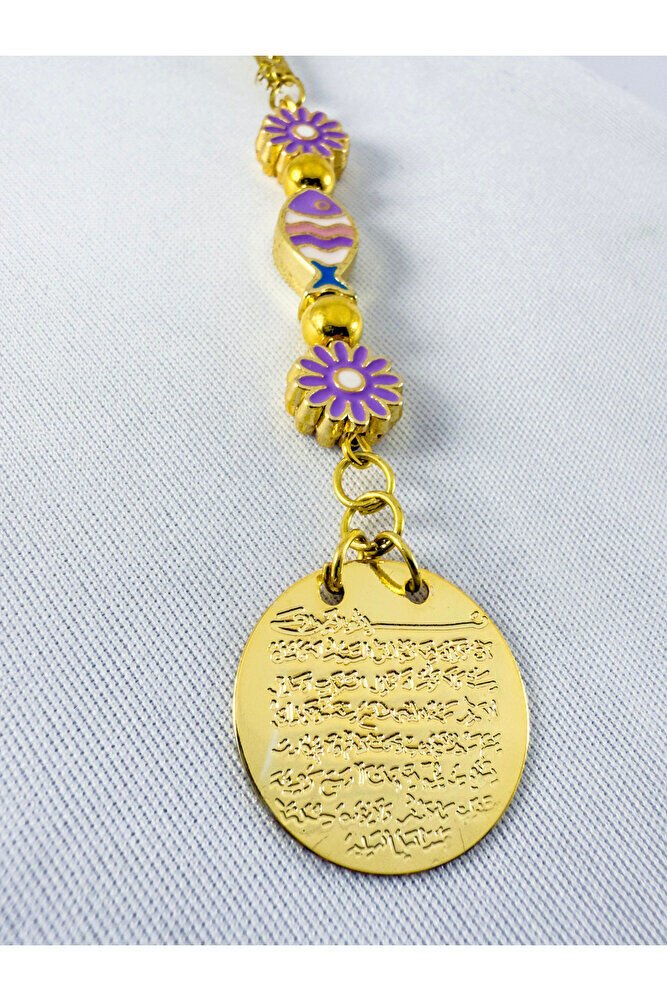 Lila Pembe Balık Lila Çiçek Nazar Boncuğu Metal Ayetel Kürsi Altın Renkli Araba Dikiz Ayna Süsü