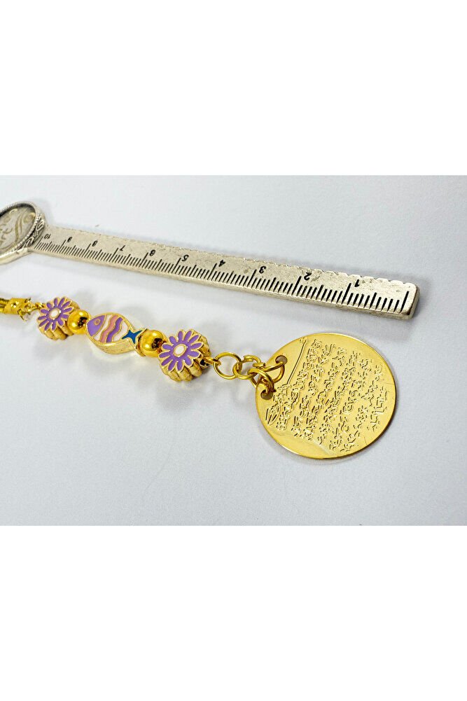 Lila Pembe Balık Lila Çiçek Nazar Boncuğu Metal Ayetel Kürsi Altın Renkli Araba Dikiz Ayna Süsü