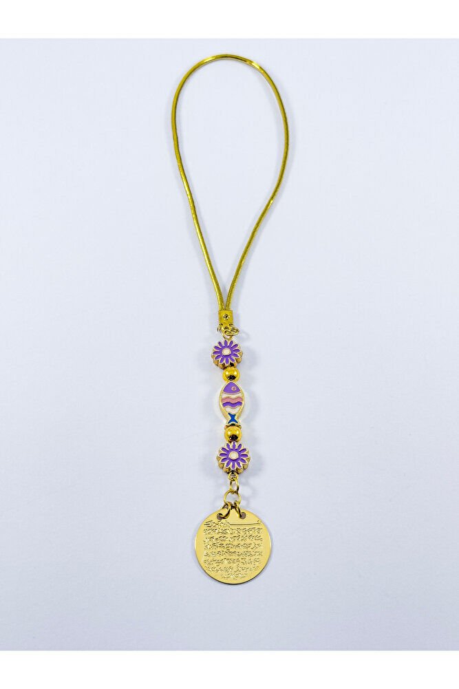 Lila Pembe Balık Lila Çiçek Nazar Boncuğu Metal Ayetel Kürsi Altın Renkli Araba Dikiz Ayna Süsü