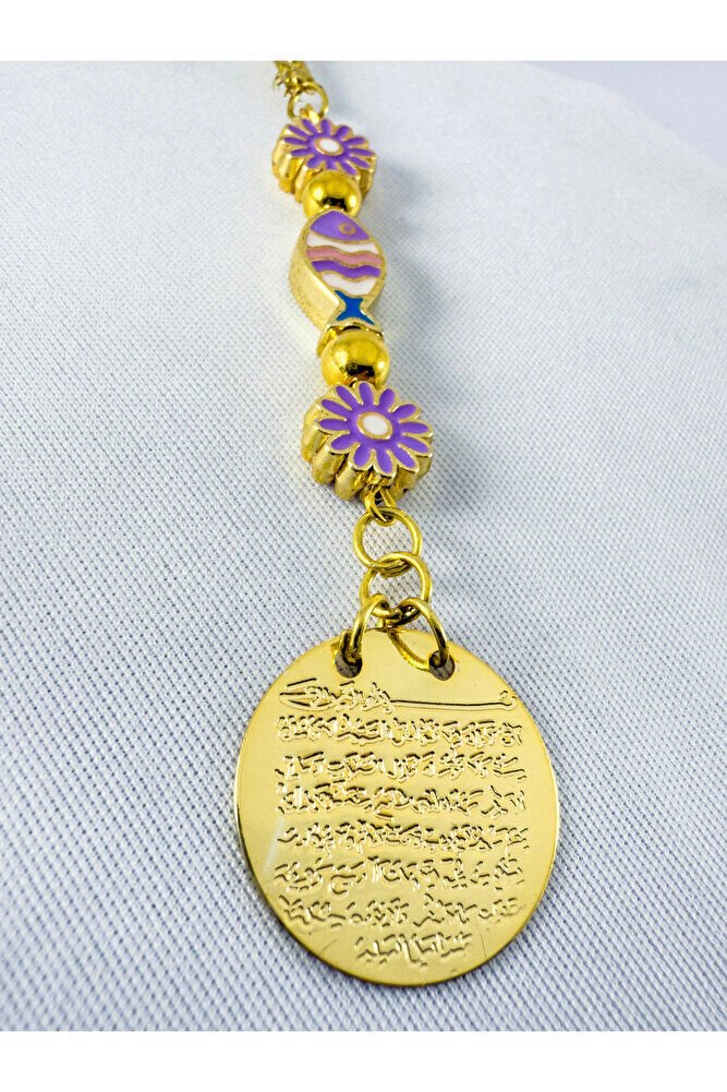 Lila Pembe Balık Lila Çiçek Nazar Boncuğu Metal Ayetel Kürsi Altın Renkli Araba Dikiz Ayna Süsü