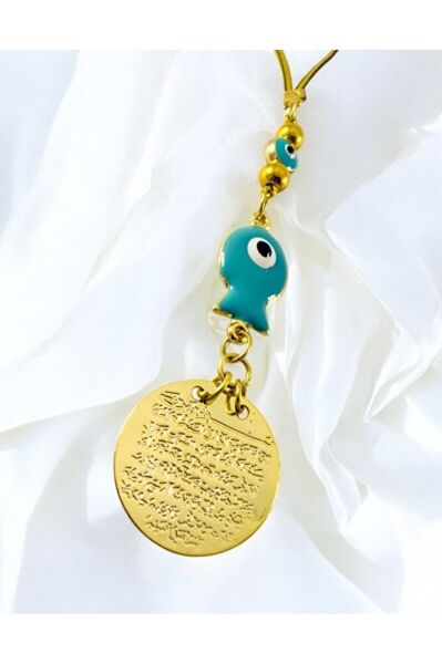 Turkuaz Balık Nazar Boncuğu Metal Ayetel Kürsi Altın Renkli Araba Dikiz Ayna Süsü