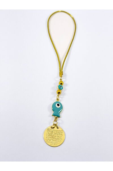 Turkuaz Balık Nazar Boncuğu Metal Ayetel Kürsi Altın Renkli Araba Dikiz Ayna Süsü