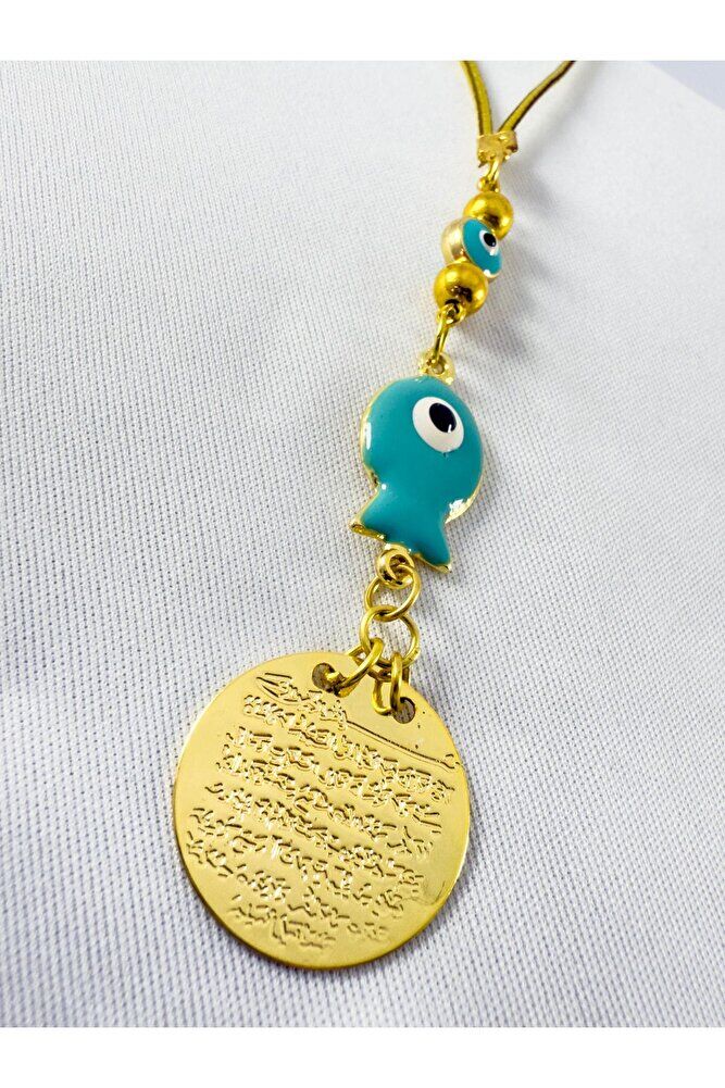 Turkuaz Balık Nazar Boncuğu Metal Ayetel Kürsi Altın Renkli Araba Dikiz Ayna Süsü