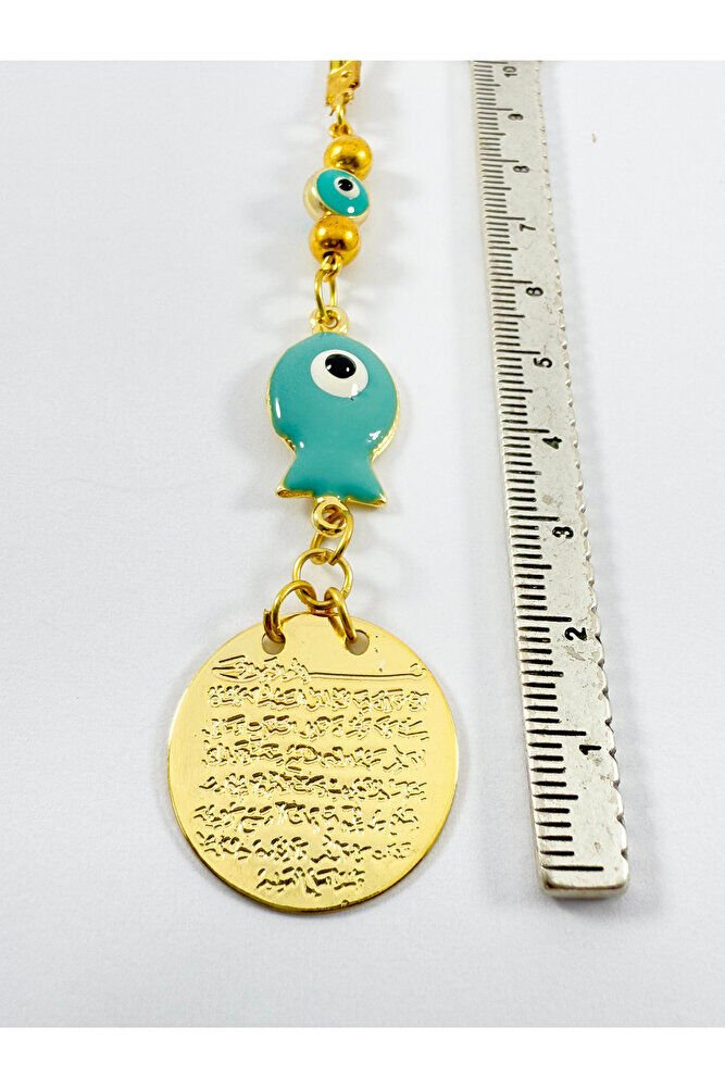 Turkuaz Balık Nazar Boncuğu Metal Ayetel Kürsi Altın Renkli Araba Dikiz Ayna Süsü