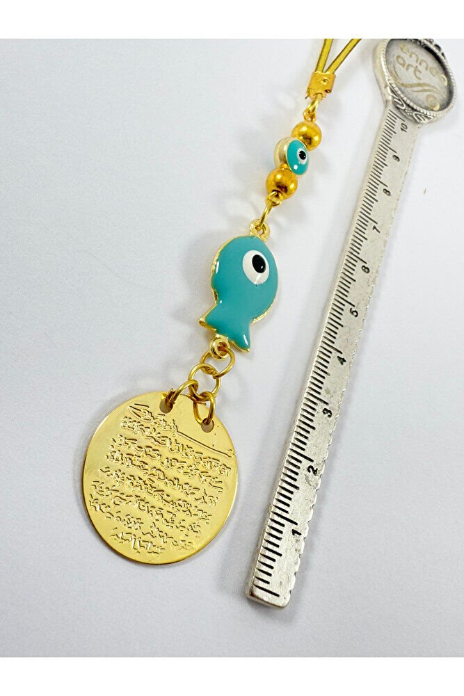 Turkuaz Balık Nazar Boncuğu Metal Ayetel Kürsi Altın Renkli Araba Dikiz Ayna Süsü