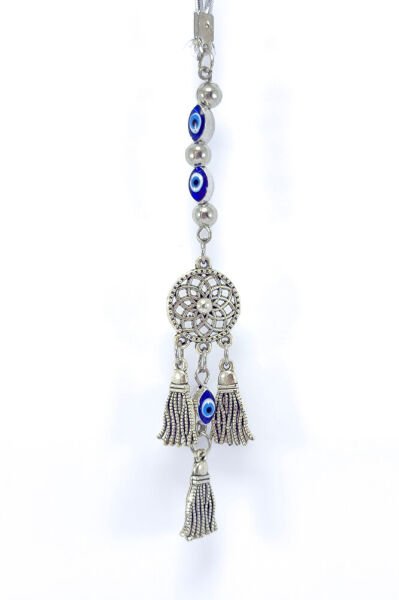 Çerçeveli Elips Nazarlı Metal Lotus Çiçeği Araba Dikiz Ayna Süsü, Püsküllü Yeni Araba Hediyesi