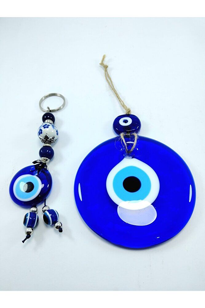 Nazar Boncuğu Duvar Dekoru 9 Cm + Nazar Boncuk Anahtarlık El Yapımı Dekoratif Hediyelik Eşya Seti