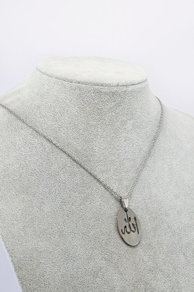 Paslanmaz Çelik Gümüş Renkli Ajurlu Allah Lafzı Kolye, Hediyelik Kolye 60 cm