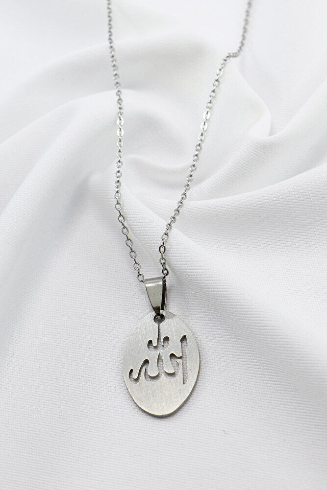 Paslanmaz Çelik Gümüş Renkli Ajurlu Allah Lafzı Kolye, Hediyelik Kolye 60 cm