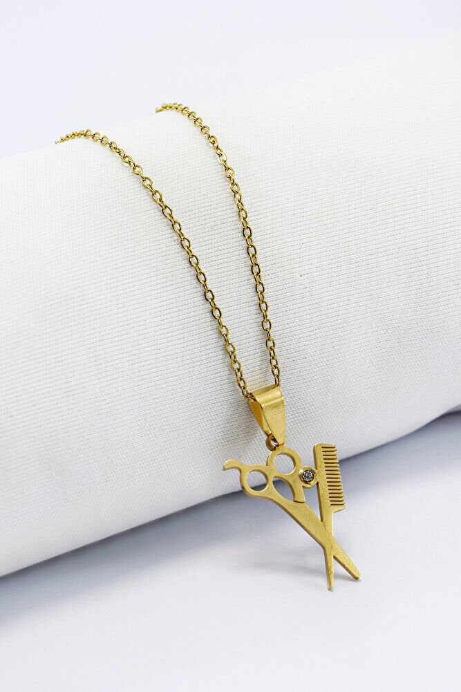 Paslanmaz Çelik Gold Renkli Makas Tarak Kolye, Hediyelik Kolye 60 cm