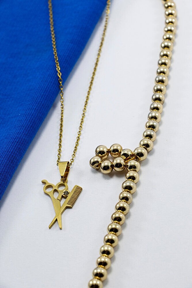 Paslanmaz Çelik Gold Renkli Makas Tarak Kolye, Hediyelik Kolye 60 cm