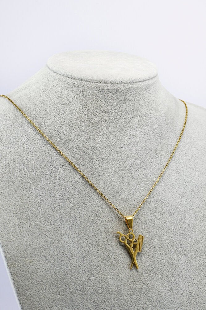 Paslanmaz Çelik Gold Renkli Makas Tarak Kolye, Hediyelik Kolye 60 cm