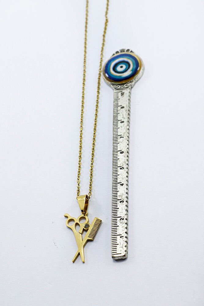 Paslanmaz Çelik Gold Renkli Makas Tarak Kolye, Hediyelik Kolye 60 cm