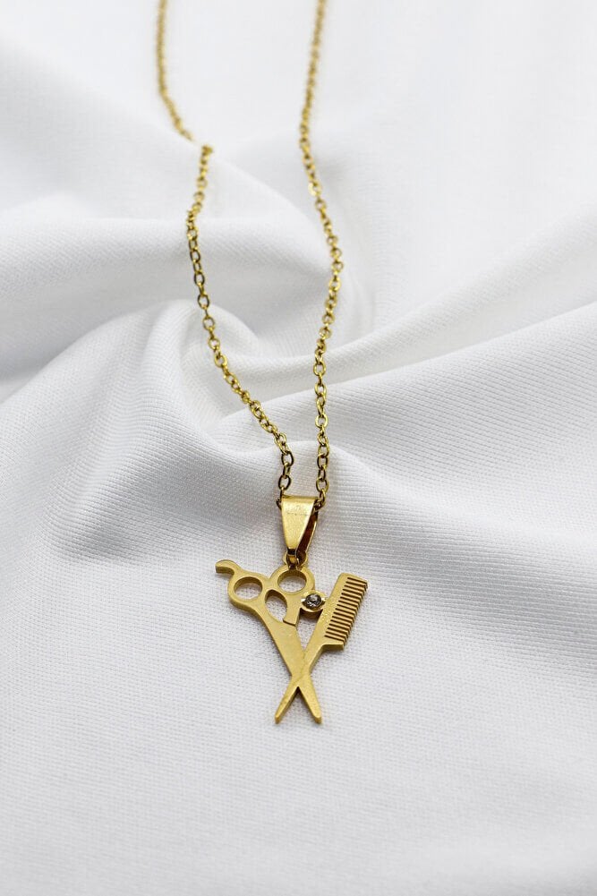 Paslanmaz Çelik Gold Renkli Makas Tarak Kolye, Hediyelik Kolye 60 cm