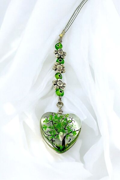 Green Glass Evil Eye Bead Antique Floral Living Landscape Car Rearview Mirror Ornament, New Car Gift