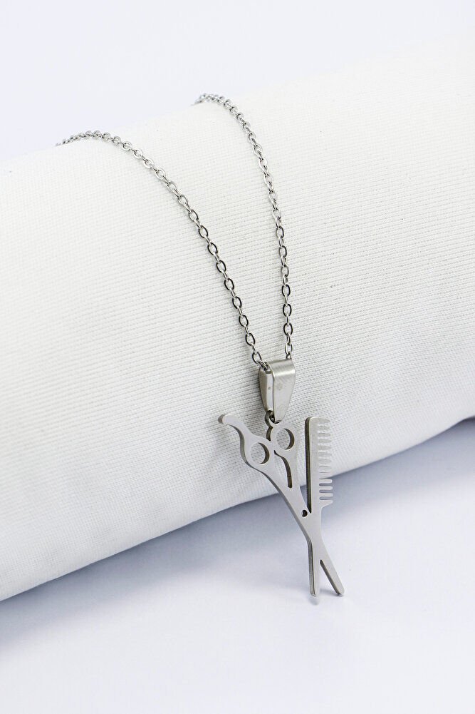 Paslanmaz Çelik Gümüş Renkli Makas Taraf Kolye, Hediyelik Kolye 60 cm