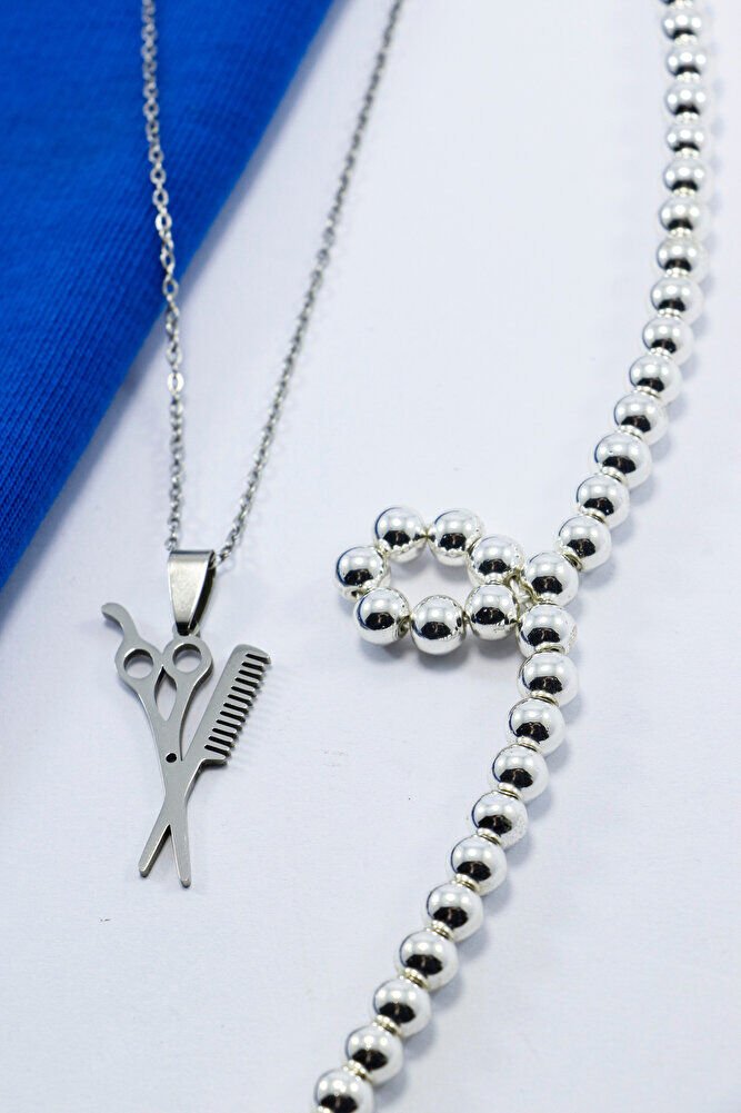 Paslanmaz Çelik Gümüş Renkli Makas Taraf Kolye, Hediyelik Kolye 60 cm