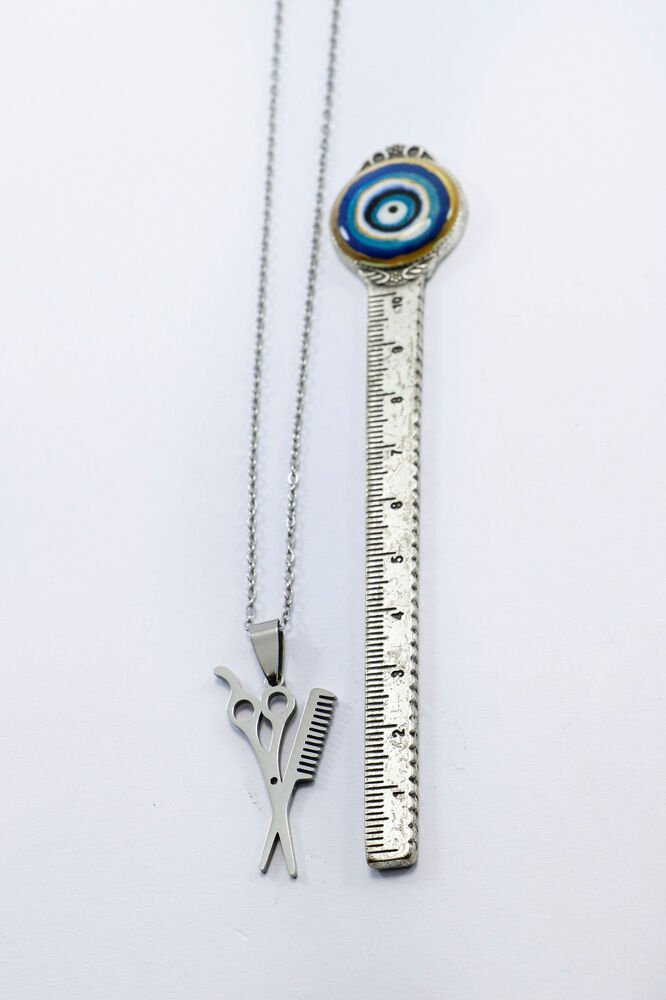 Paslanmaz Çelik Gümüş Renkli Makas Taraf Kolye, Hediyelik Kolye 60 cm