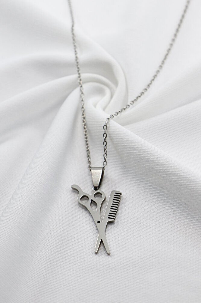 Paslanmaz Çelik Gümüş Renkli Makas Taraf Kolye, Hediyelik Kolye 60 cm