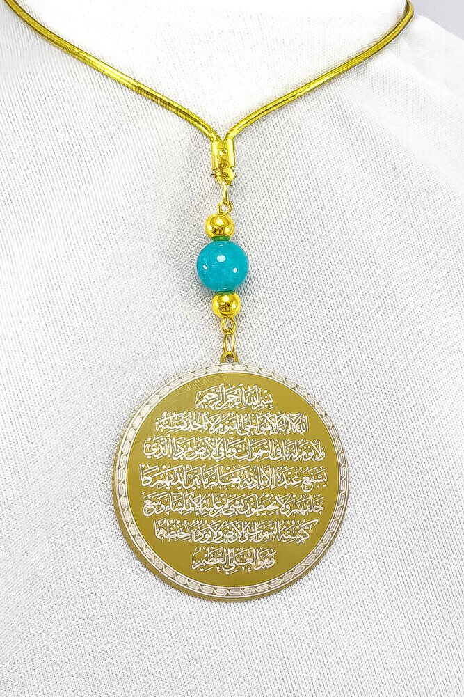 Turkuaz Doğal Taşlı Altın Renkli Çelik Çift Taraflı Ayetel Kürsi, Felak Nas Ihlas Dikiz Ayna Süsü