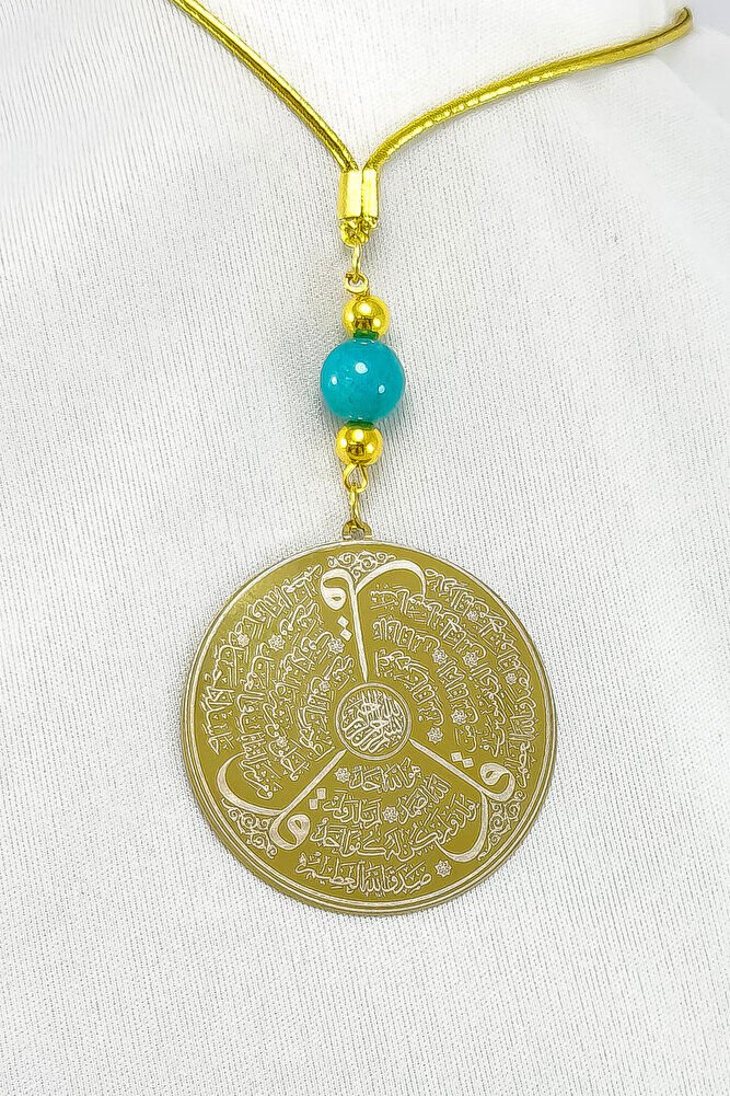 Turkuaz Doğal Taşlı Altın Renkli Çelik Çift Taraflı Ayetel Kürsi, Felak Nas Ihlas Dikiz Ayna Süsü