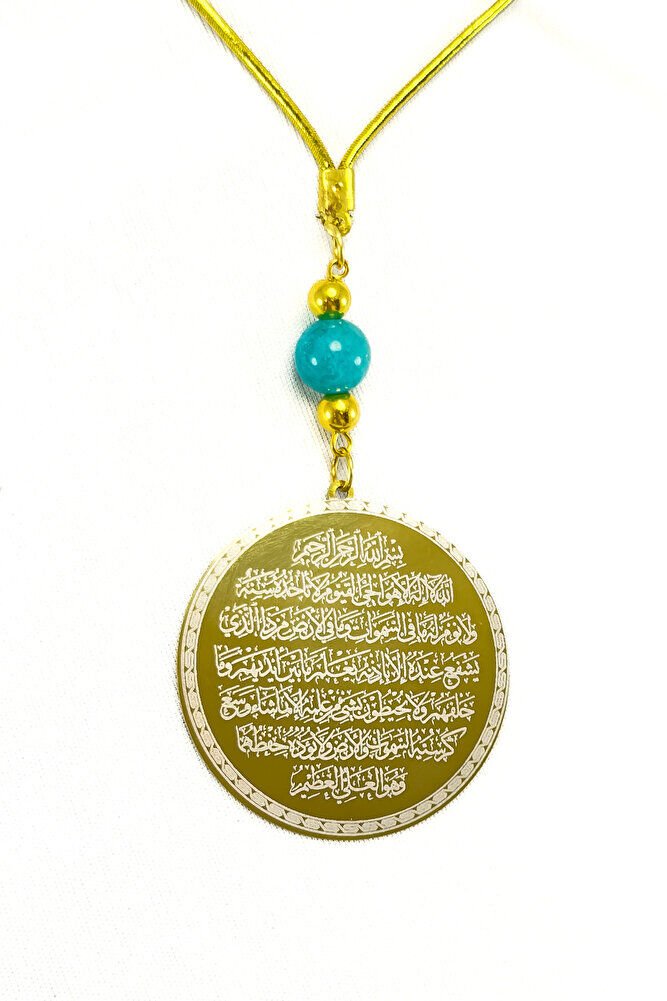 Turkuaz Doğal Taşlı Altın Renkli Çelik Çift Taraflı Ayetel Kürsi, Felak Nas Ihlas Dikiz Ayna Süsü